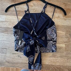 Navy Paisley Tie- open Back Top